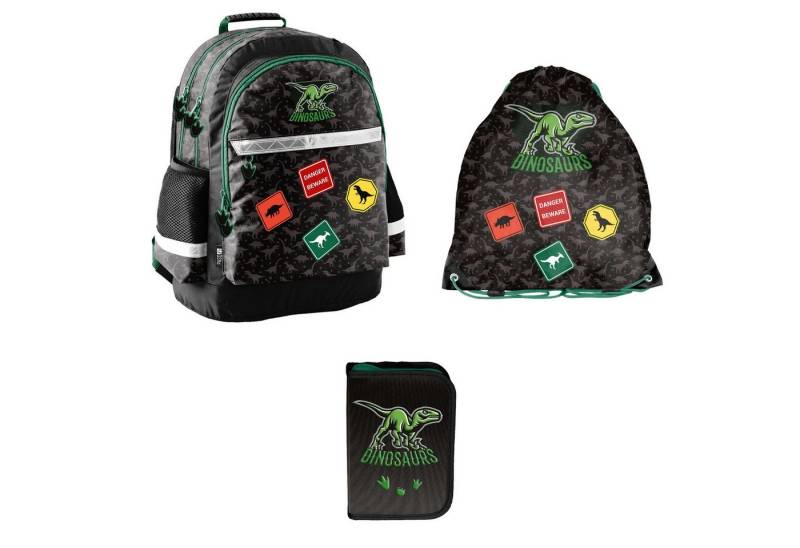 PASO Schulranzen 3-teiliges Schulset: Dinosaurier - schwarz (Rucksack + Tunrbeutel + unbefüllte Federmappe) von PASO