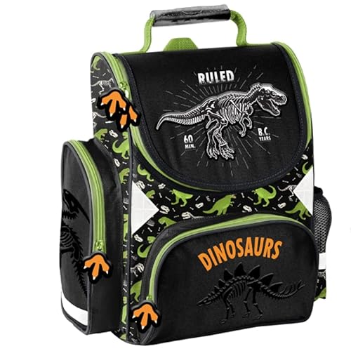 PASO Schulranzen Dino für Jungen - Grundschule Ranzen mit reflektierenden Elementen - Ergonomische Schulrucksack für Kinder - Aus wasserdichtem Material von PASO