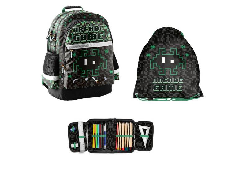 PASO Schulranzen "Game" (Schulset, 3-teilig), mit Rucksack, Turnbeutel + befüllter Federmappe von PASO
