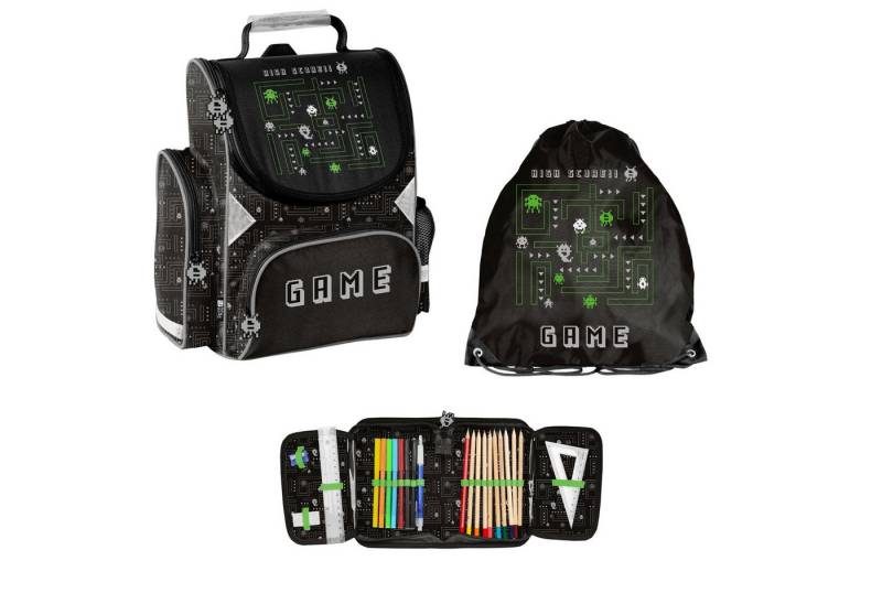 PASO Schulranzen Game - schwarz, mit Schulranzen, Turnbeutel + befüllter Federmappe von PASO