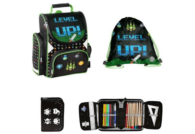 PASO Schulranzen SCHULSET: RANZEN + TURNBEUTEL + BEFÜLLTE FEDERMAPPE - LEVEL UP! (3-teilig, Gaming / Gamer), schwarz, grün, blau von PASO
