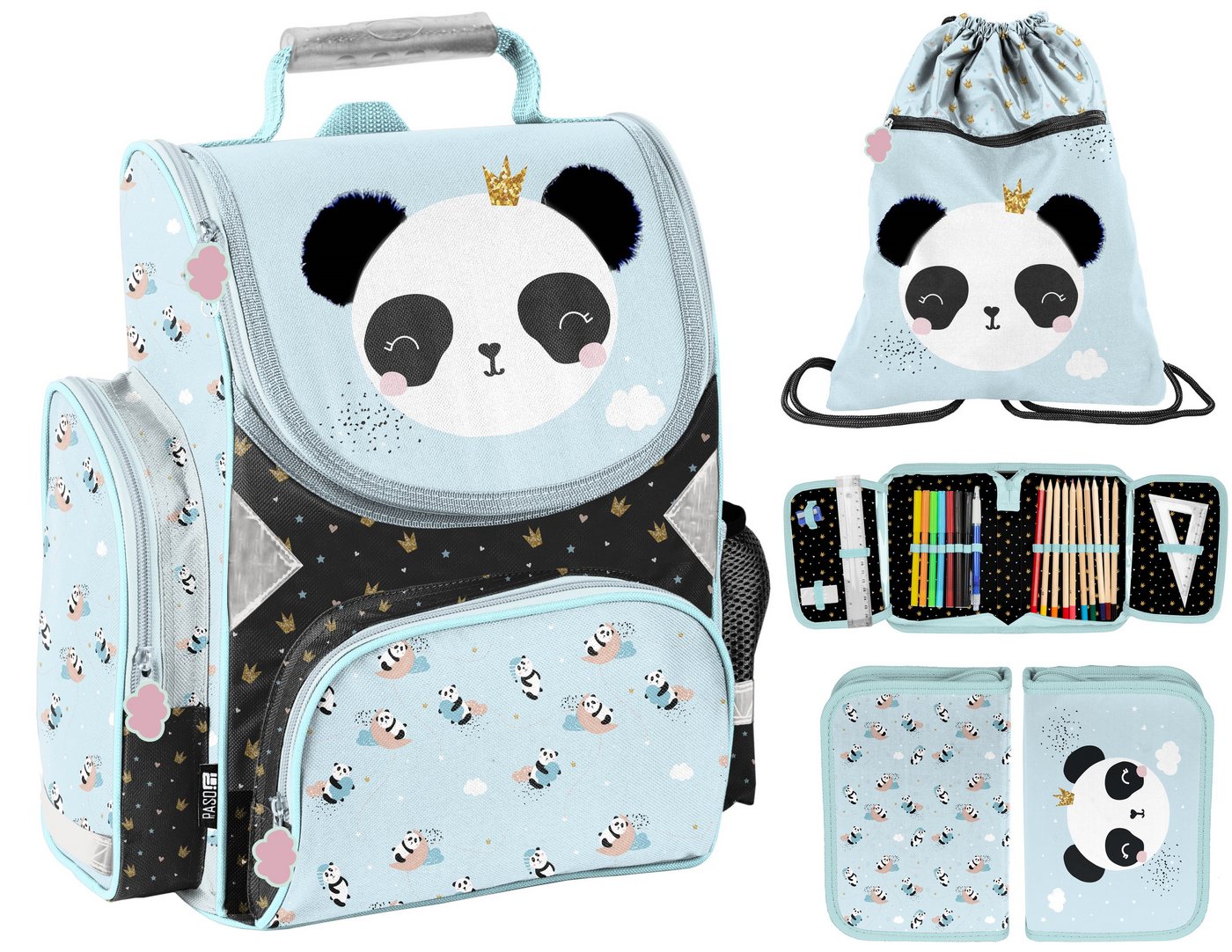 PASO Schulranzen Set 3 teilig Tornister Cars Elsa Einhorn Gamer Nasa Fußball Spiderman (3 er Set) von PASO