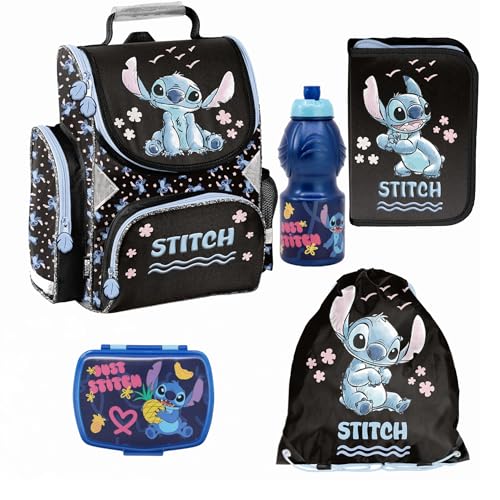 PASO - Schulranzen für Jungen und Mädchen, 5er-Set - Schul-Rucksack für Kinder mit Federmäppchen - Schuhbeutel Brotdose und Trinkflasche - Stitch Motiv - 1-3 Klasse PASO - Schulranzen für Jungen und Mädchen, 5er-Set - Schul-Rucksack für Kinder mit Federmäppchen - Schuhbeutel Brotdose und Trinkflasche - Stitch Motiv - 1-3 Klasse von PASO