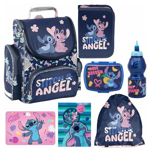 PASO - Schulranzen für Jungen und Mädchen, 7er-Set - Schul-Rucksack für Kinder mit Federmäppchen - Schuhbeutel Brotdose und Trinkflasche - Stitch Motiv - 1-3 Klasse von PASO