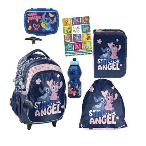 PASO - Schulranzen für Jungen und Mädchen - 6er-Set Schul-Rucksack mit Rollen für Kinder mit Federmäppchen - Schuhbeutel - Brotdose - Trinkflasche - Lilo und Stitch Motiv - 1-3 Klasse von PASO