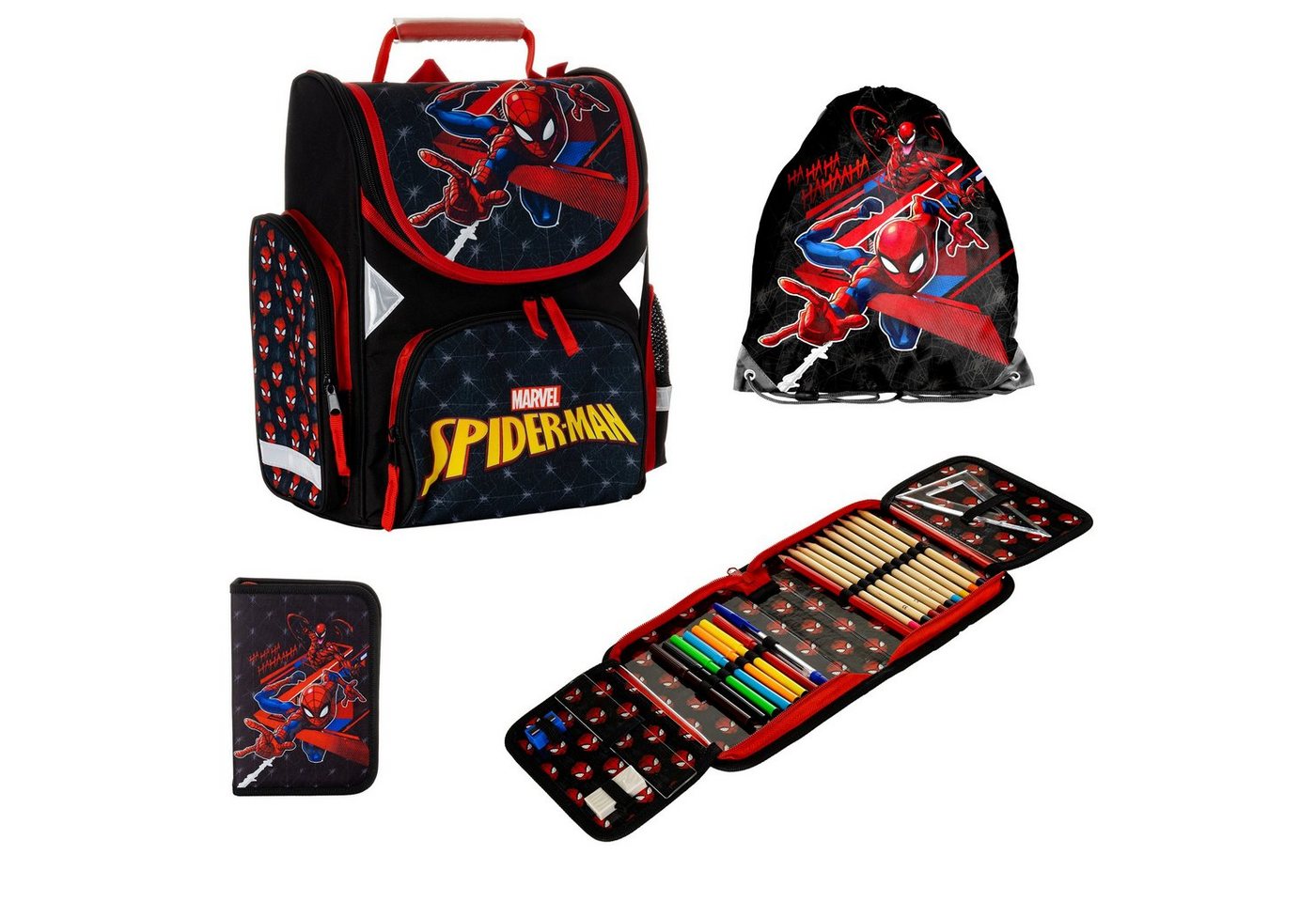 PASO Schulranzen mit Faulenzer Federmappe & Portemonnaie (3-Tlg), Spider-Man - blau, schwarz von PASO