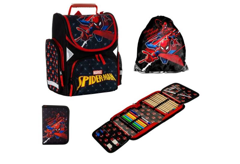 PASO Schulranzen mit Faulenzer Federmappe & Portemonnaie (3-Tlg), Spider-Man - blau, schwarz von PASO