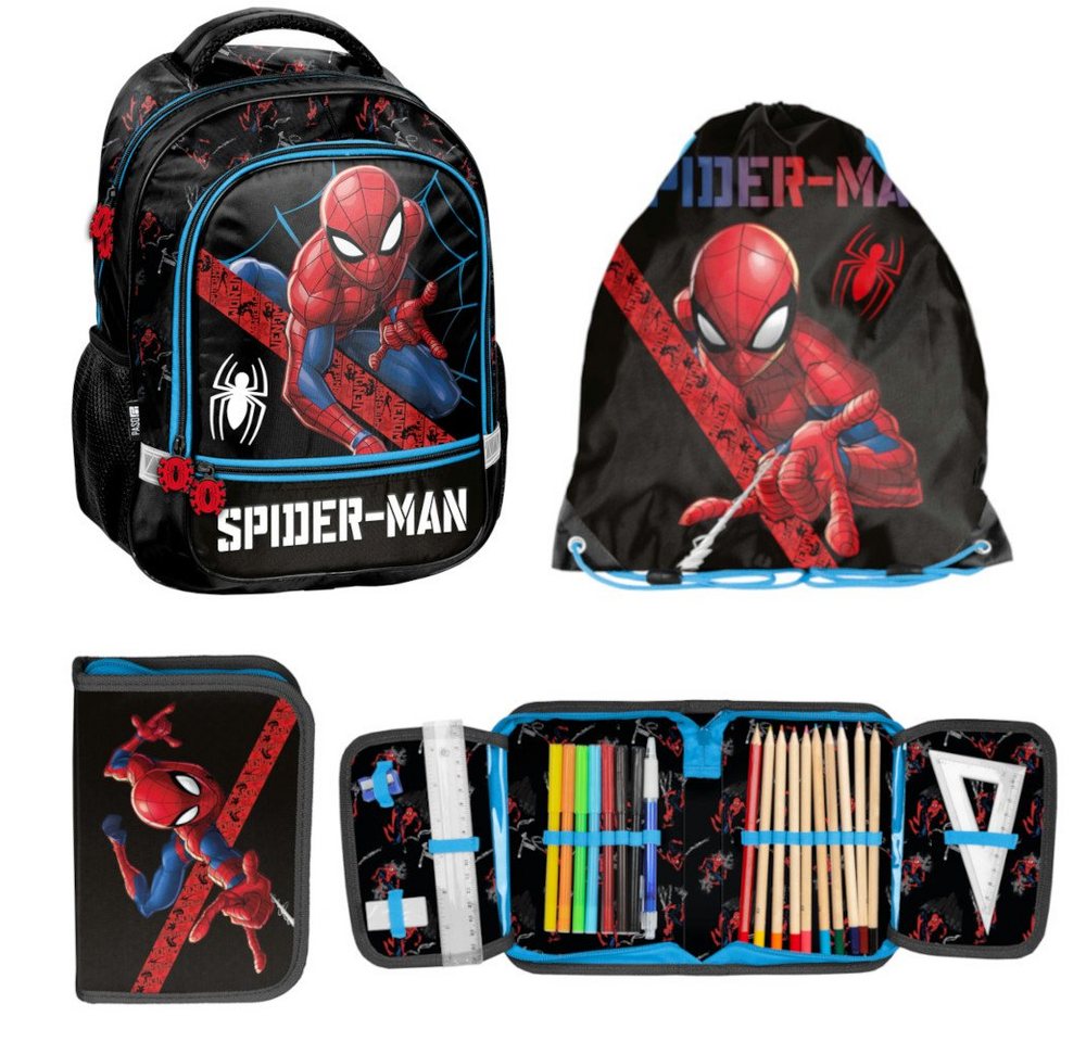 PASO Schulrucksack (Set, 3-Tlg), Mit Turnbeutel & Befüllter Federtasche - Spider-Man - Schwarz von PASO