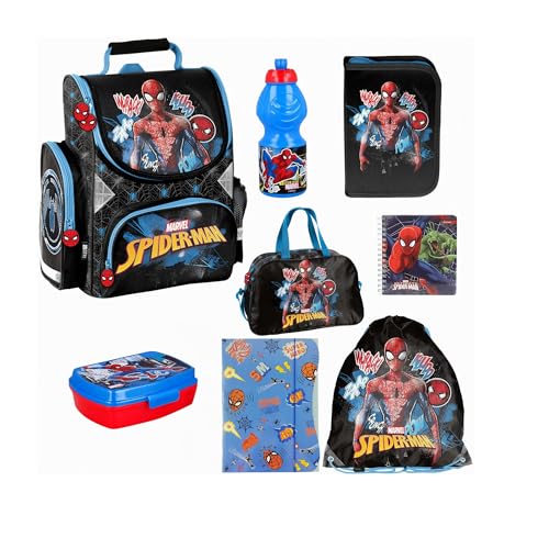 PASO Set XXL 8er Schulranzen ergonomischer Ranzen Federmappe Notizbuch Turnbeutel Sporttasche Brotdose Trinkflasche Spiderman Motiv 1-3 Klasse von PASO