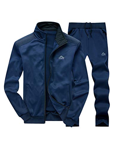 PASOK Herren Freizeit-Trainingsanzug Langarm Full Zip Laufen Jogging Sweatsuit Sport-Set - Blau - Mittel von PASOK