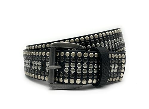 PASSIONE Herren-Gürtel - 4 cm hoch - Echtes Leder - Nieten ausgerichtet - Hergestellt in Italien (Schwarz, Taillenumfang 110cm-Gesamtmessung 125cm) von PASSIONE
