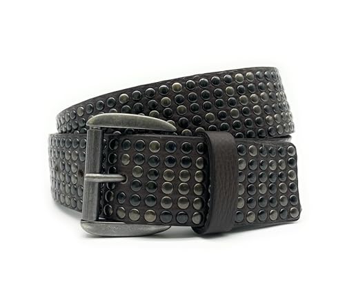 PASSIONE Herren-Gürtel mit Nieten - 4 cm hoch - Echtes Leder - Nieten in der Farbe Gewehrlauf - Hergestellt in Italien (Dunkelbraun, Taillenumfang 105cm-Gesamtmessung 120cm) von PASSIONE