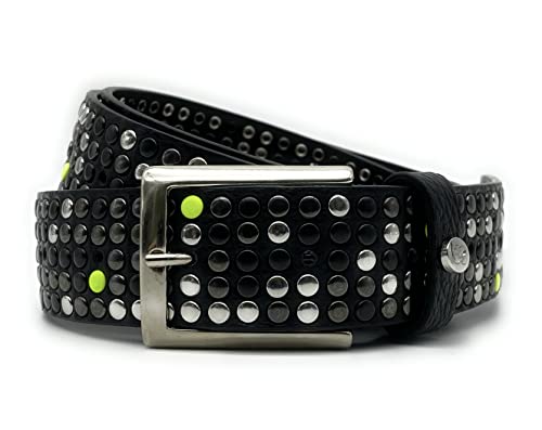 PASSIONE Nieten Gürtel - 35 mm hoch - Echtes schwarzes Leder - Bunte Niete - (Gelb, Taillenumfang 100cm-Gesamtmessung 115cm) von PASSIONE