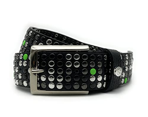 PASSIONE Nieten Gürtel - 35 mm hoch - Echtes schwarzes Leder - Bunte Niete - (Grün, Taillenumfang 100cm-Gesamtmessung 115cm) von PASSIONE