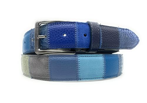 PASSIONE Vertikale Patchwork-Gürtel - Höhe 35 mm - Mix aus Kalbsleder - Echtes Leder - Made in Italy (Blau, Taillenumfang 95cm-Gesamtmessung 110cm) von PASSIONE