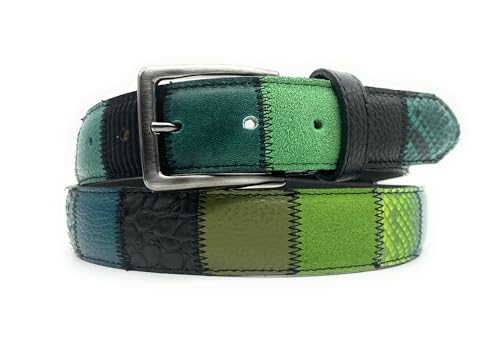 PASSIONE Vertikale Patchwork-Gürtel - Höhe 35 mm - Mix aus Kalbsleder - Echtes Leder - Made in Italy (Grün, Taillenumfang 90cm-Gesamtmessung 105cm) von PASSIONE