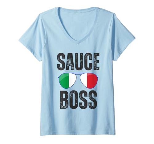 Damen Funny Sauce Boss Sonnenbrille mit italienischem Spruch Italien-Flagge Nona T-Shirt mit V-Ausschnitt Damen Funny Sauce Boss Sonnenbrille mit italienischem Spruch Italien-Flagge Nona T-Shirt mit V-Ausschnitt von PASTA EVERYWHERE