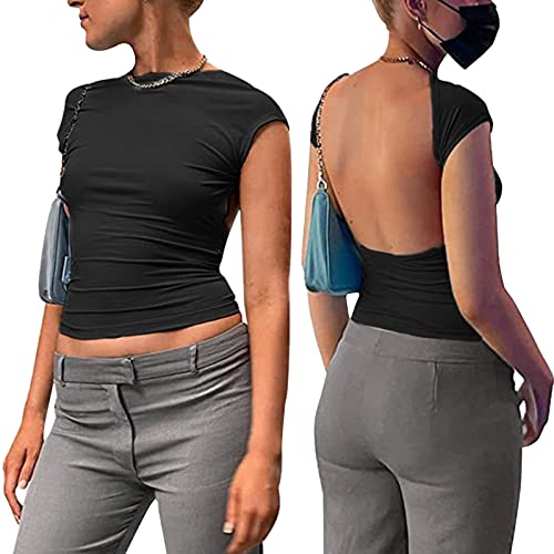 PASUDA Backless Top Damen Sommer Sexy Rückenfrei Kurzarm Crop Top Slim Fit T-Shirt Y2K Solide Farbe Rundhalsausschnitt Offener Rücken Bluse Casual Fashion Tees Streetwear (Schwarz, L) von PASUDA