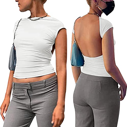 PASUDA Backless Top Damen Sommer Sexy Rückenfrei Kurzarm Crop Top Slim Fit T-Shirt Y2K Solide Farbe Rundhalsausschnitt Offener Rücken Bluse Casual Fashion Tees Streetwear (Weiß, L) von PASUDA