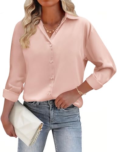 PASUDA Bluse Damen Elegant Langarm Blusen V-Ausschnitt Button-Down Oberteile Casual Blusenshirt Satin Seidenbluse Hemdbluse Revers Langarmshirt Lässige Hemd Tops Business Tunika Shirts(Rosa,XL) von PASUDA