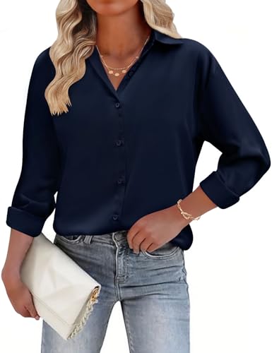 PASUDA Bluse Damen Elegant Langarm Blusen V-Ausschnitt Button-Down Oberteile Casual Blusenshirt Satin Seidenbluse Hemdbluse Revers Langarmshirt Lässige Hemd Tops Business Tunika Shirts(Tiefblau,M) von PASUDA