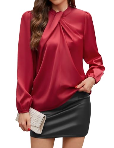 PASUDA Bluse Damen Elegant Satin Hemd Langarm Hemdbluse Business Oberteile Lose Langarmshirt Einfarbig Arbeit Party Festliche Blusen Tunika Bluse mit Laternenärmeln (Burgunderrot, S) von PASUDA