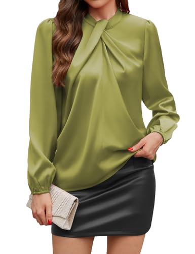 PASUDA Bluse Damen Elegant Satin Hemd Langarm Hemdbluse Business Oberteile Lose Langarmshirt Einfarbig Arbeit Party Festliche Blusen Tunika Bluse mit Laternenärmeln (Olivgrün, M) von PASUDA
