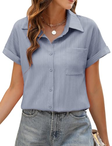 PASUDA Bluse Damen Sommer Elegant Hemdbluse Kurzarm Blusen Musselin Hemd Tunika Tops V-Ausschnitt Button-Down Sommer Oberteile Casual Basic Shirt mit Tasche Blusen (Blau, S) von PASUDA
