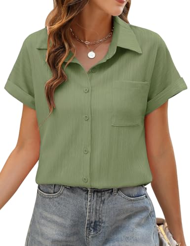PASUDA Bluse Damen Sommer Elegant Hemdbluse Kurzarm Blusen Musselin Hemd Tunika Tops V-Ausschnitt Button-Down Sommer Oberteile Casual Basic Shirt mit Tasche Blusen (Grün, M) von PASUDA