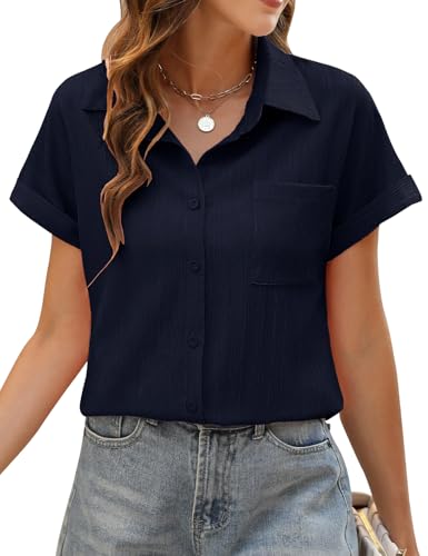 PASUDA Bluse Damen Sommer Elegant Hemdbluse Kurzarm Blusen Musselin Hemd Tunika Tops V-Ausschnitt Button-Down Sommer Oberteile Casual Basic Shirt mit Tasche Blusen (Marineblau, M) von PASUDA