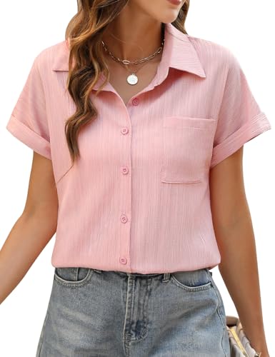 PASUDA Bluse Damen Sommer Elegant Hemdbluse Kurzarm Blusen Musselin Hemd Tunika Tops V-Ausschnitt Button-Down Sommer Oberteile Casual Basic Shirt mit Tasche Blusen (Rosa, L) von PASUDA