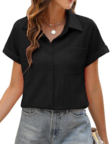 PASUDA Bluse Damen Sommer Elegant Hemdbluse Kurzarm Blusen Musselin Hemd Tunika Tops V-Ausschnitt Button-Down Sommer Oberteile Casual Basic Shirt mit Tasche Blusen (Schwarz, M) von PASUDA