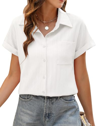 PASUDA Bluse Damen Sommer Elegant Hemdbluse Kurzarm Blusen Weiß Musselin Hemd Tunika Tops V-Ausschnitt Button-Down Sommer Oberteile Casual Basic Shirt mit Tasche Blusen (Weiß, M) von PASUDA