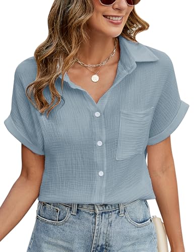PASUDA Bluse Damen Sommer Elegant V-Ausschnitt Button-Down Blusen Casual Baumwolle Kurzarm Hemdbluse Basic Revers Hemd Oberteile Tunika Shirts Tops (Blau, XXL) von PASUDA