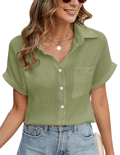 PASUDA Bluse Damen Sommer Elegant V-Ausschnitt Button-Down Blusen Casual Baumwolle Kurzarm Hemdbluse Basic Revers Hemd Oberteile Tunika Shirts Tops (Grün, XL) von PASUDA