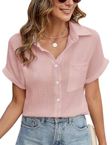 PASUDA Bluse Damen Sommer Elegant V-Ausschnitt Button-Down Blusen Casual Baumwolle Kurzarm Hemdbluse Basic Revers Hemd Oberteile Tunika Shirts Tops (Rosa, L) von PASUDA