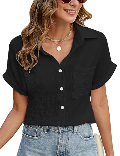 PASUDA Bluse Damen Sommer Elegant V-Ausschnitt Button-Down Blusen Casual Baumwolle Kurzarm Hemdbluse Basic Revers Hemd Oberteile Tunika Shirts Tops (Schwarz, S) von PASUDA