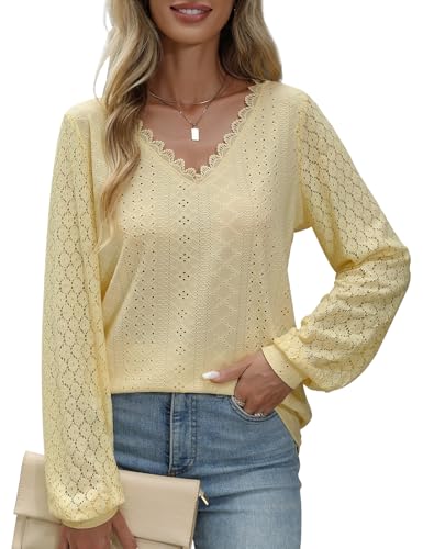 PASUDA Bluse Damen V-Ausschnitt Langarm Elegant Tunika Oberteil Lässige Locker Spitzenärmel Hemdbluse Casual Damenblusen Puffärmel Langarmshirt Shirts Tops(Beige,XL) von PASUDA