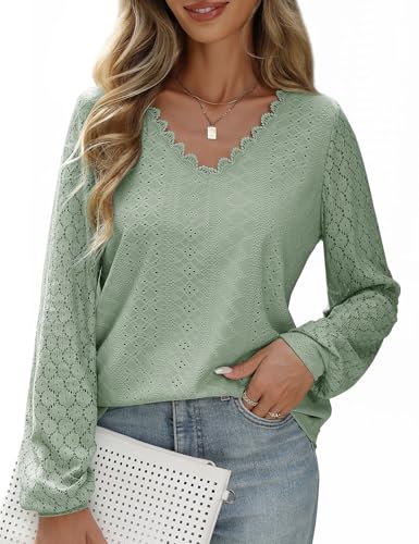 PASUDA Bluse Damen V-Ausschnitt Langarm Elegant Tunika Oberteil Lässige Locker Spitzenärmel Hemdbluse Casual Damenblusen Puffärmel Langarmshirt Shirts Tops(Graugrün,M) von PASUDA