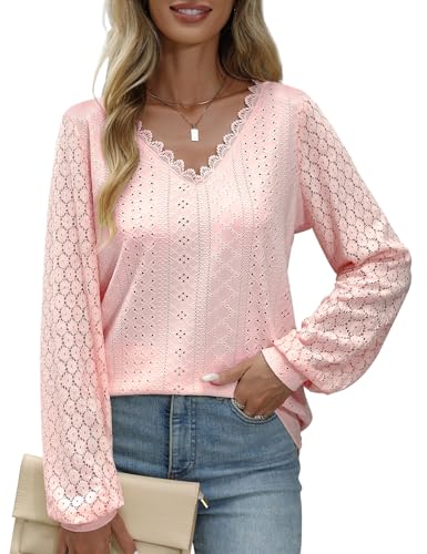 PASUDA Bluse Damen V-Ausschnitt Langarm Elegant Tunika Oberteil Lässige Locker Spitzenärmel Hemdbluse Casual Damenblusen Puffärmel Langarmshirt Shirts Tops(Rosa,L) von PASUDA