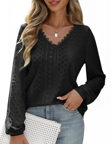 PASUDA Bluse Damen V-Ausschnitt Langarm Elegant Tunika Oberteil Lässige Locker Spitzenärmel Hemdbluse Casual Damenblusen Puffärmel Langarmshirt Shirts Tops(Schwarz,XL) von PASUDA
