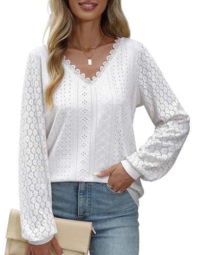 PASUDA Bluse Damen V-Ausschnitt Langarm Elegant Tunika Oberteil Lässige Locker Spitzenärmel Hemdbluse Casual Damenblusen Puffärmel Langarmshirt Shirts Tops(Weiß,M) von PASUDA