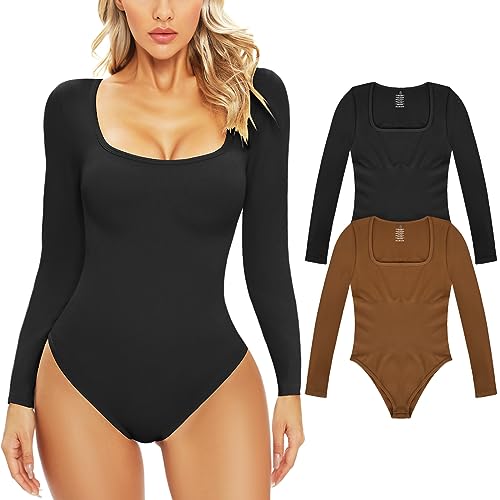 PASUDA Body Damen Langarm Bodysuit Tops Damenbody Sexy Stretch Bodysuits Unterziehbody Quadratischer Hals Oberteil Elegant Langarmbody Jumpsuit Tanga Gerippt (Schwarz+Braun, L) von PASUDA