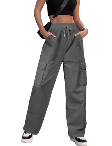 PASUDA Cargohose Damen Y2K Baggy Cargo Hose High Waist Straight Freizeithose Baumwolle Wanderhose Elastische Bund Streetwear Sweathose mit Taschen (Dunkelgrau, L) von PASUDA