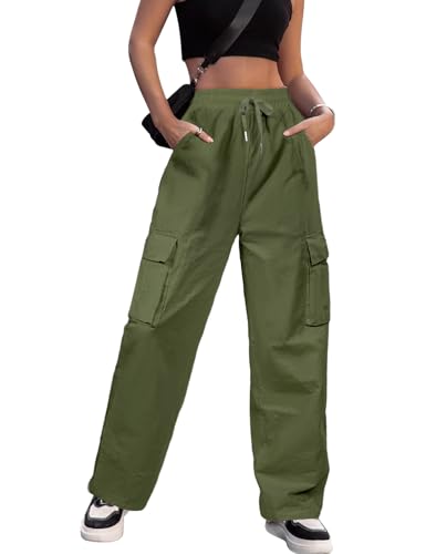 PASUDA Cargohose Damen Y2K Baggy Cargo Hose High Waist Straight Freizeithose Baumwolle Wanderhose Elastische Bund Streetwear Sweathose mit Taschen (Grün, XL) von PASUDA