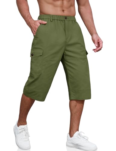 PASUDA Cargo Shorts Herren 3/4 Sommer Kurze Outdoor Bermuda Kurz Hose Atmungsaktiv Freizeitshorts Baumwolle Elastische Taille Arbeitshose mit Multi Taschen (Militärgrün, L) von PASUDA