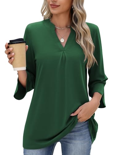 PASUDA Damen Bluse 3/4 Ärmel Oberteil Elegant V-Ausschnitt Tunika Langarm Hemdbluse Casual Locker Langarmshirt Lässige Damenblusen Longshirt Geschäft Hemd Tops(Dunkelgrün,XXL) von PASUDA