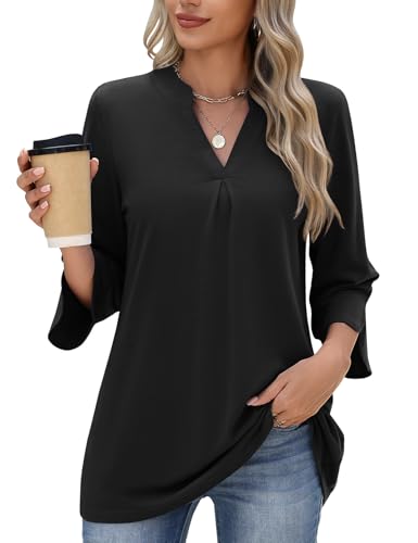 PASUDA Damen Bluse 3/4 Ärmel Oberteil Elegant V-Ausschnitt Tunika Langarm Hemdbluse Casual Locker Langarmshirt Lässige Damenblusen Longshirt Geschäft Hemd Tops(Schwarz,L) von PASUDA