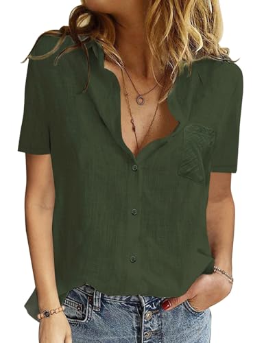 PASUDA Damen Bluse Sommer Elegant Baumwolle Leinen Hemd Kurzarm Oberteile V-Ausschnitt Button-Down Blusen Casual Hemdbluse Basic Revers Shirts Tunika Tops (Grün, XL) von PASUDA
