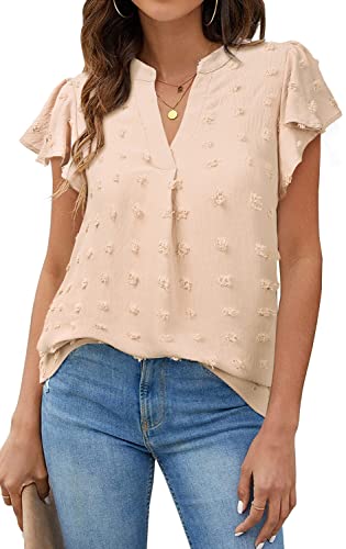 PASUDA Damen Bluse Sommer Elegant Chiffon Rüschen Kurzarm V-Ausschnitt Blusen Casual Tunika Hemd BasicTops Polka Dot Loose T Shirts (Aprikose, L) von PASUDA